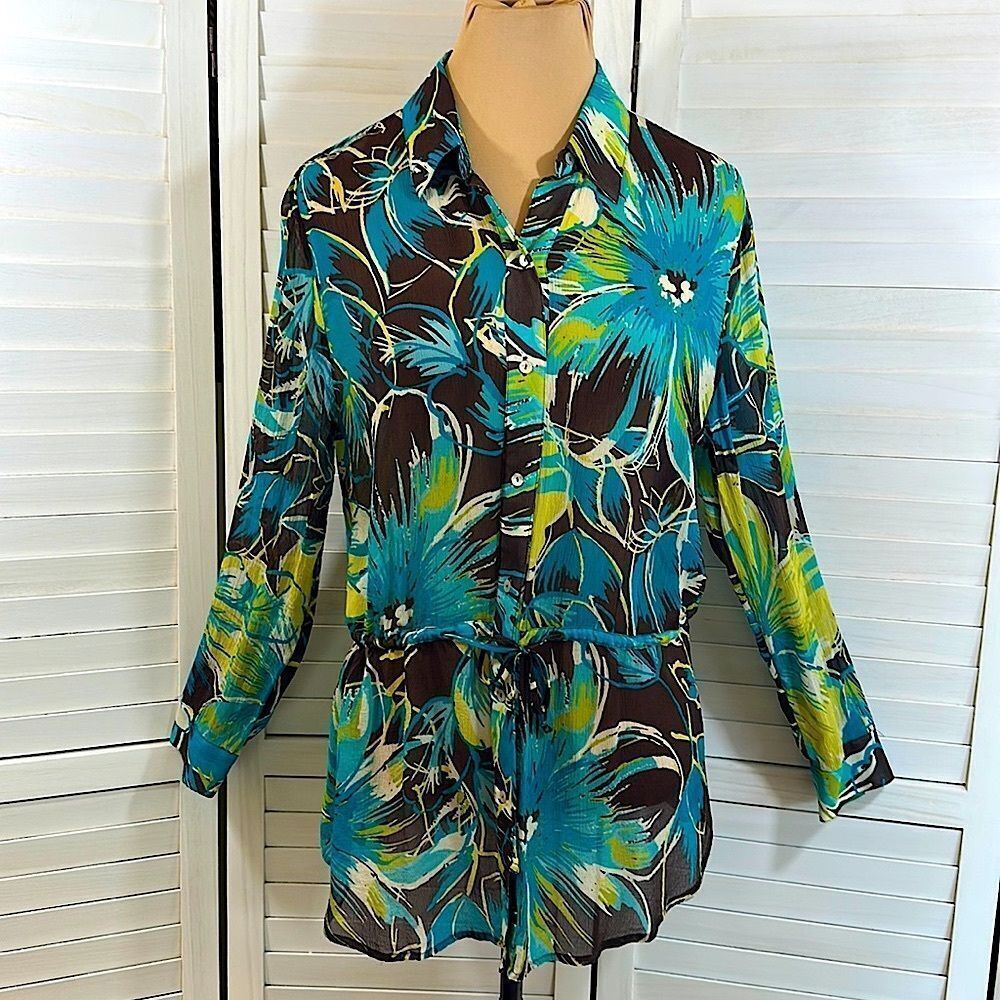 Chico's Silk Tropical Brown & Blue Floral Tunic Top Size 2 (12) LIKE NEW - Picture 3 of 14